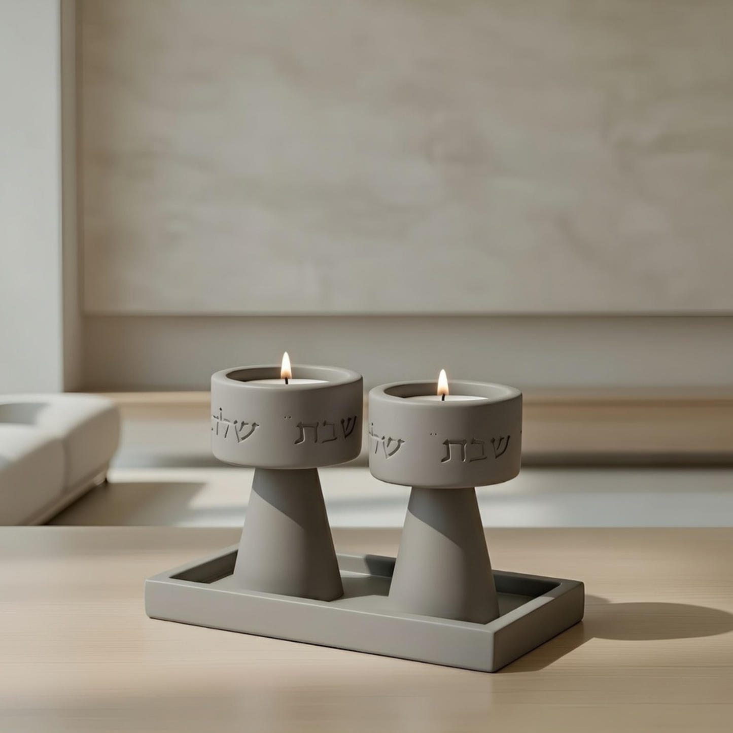Traditional Shabbat Candle Holders with Contemporary Concrete Tray - Timeless Glow Series