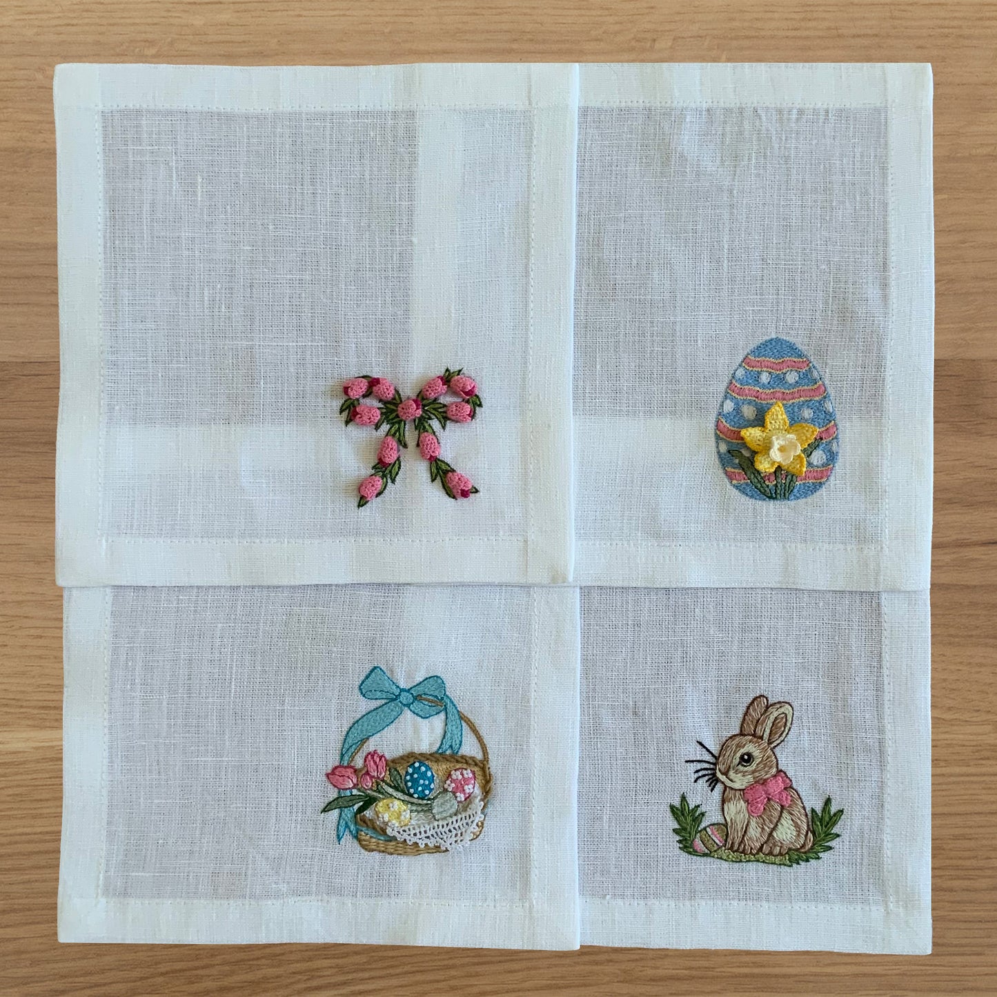 Hand Embroidered Easter Bunny Cocktail Napkins 6" x 6" (Set of 4)