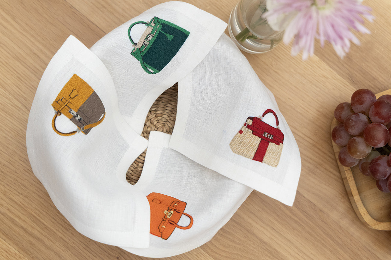 Hand Embroidered It Bags Cocktail Napkins 6" x 6" (Set of 4)