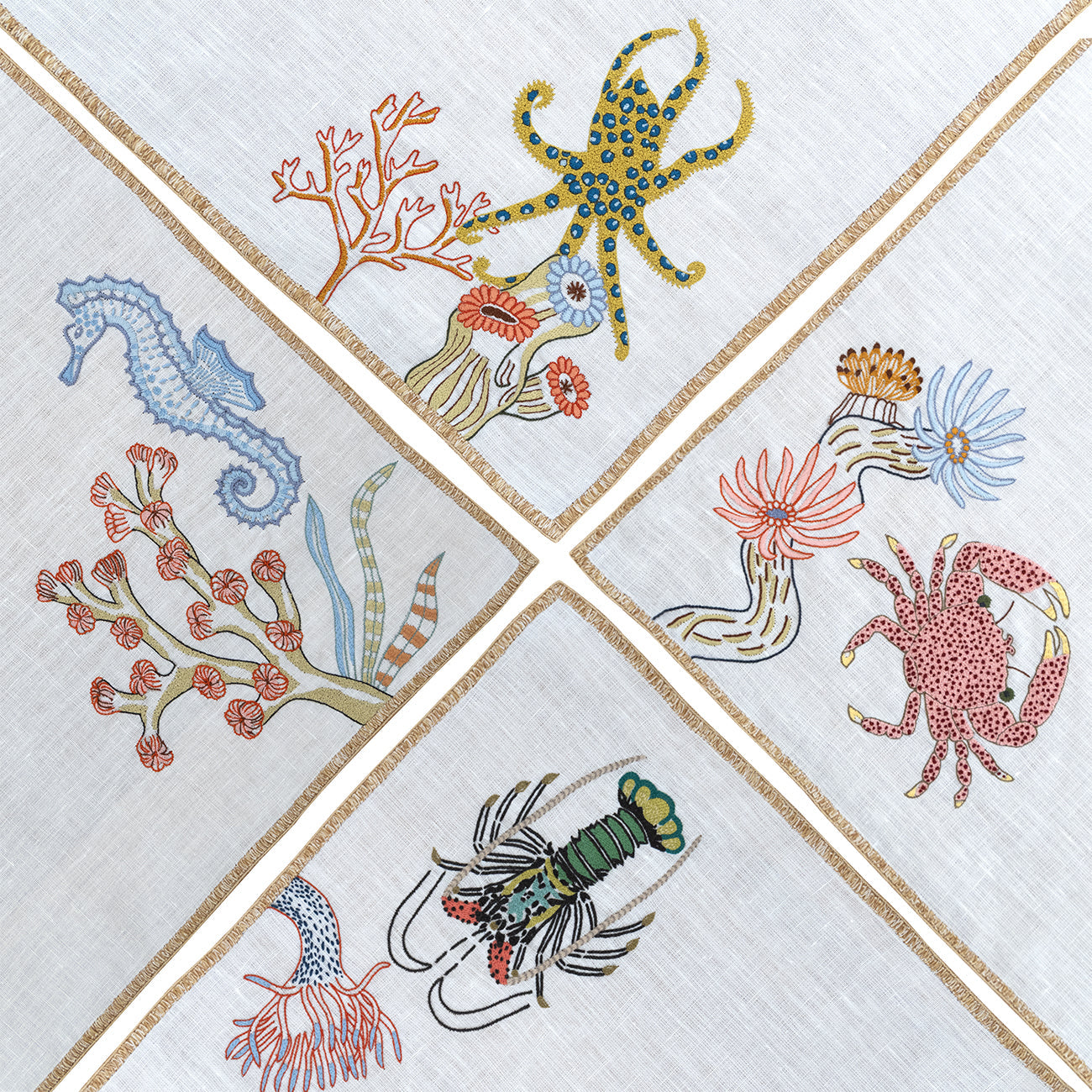 Hand Embroidered Marine Life Napkins 18" x 18" (Set of 4)