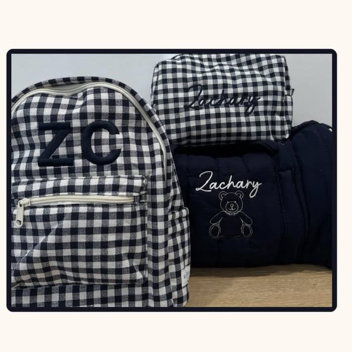 Embroidered Duffle, Pouch & Backpack Set- Navy Gingham