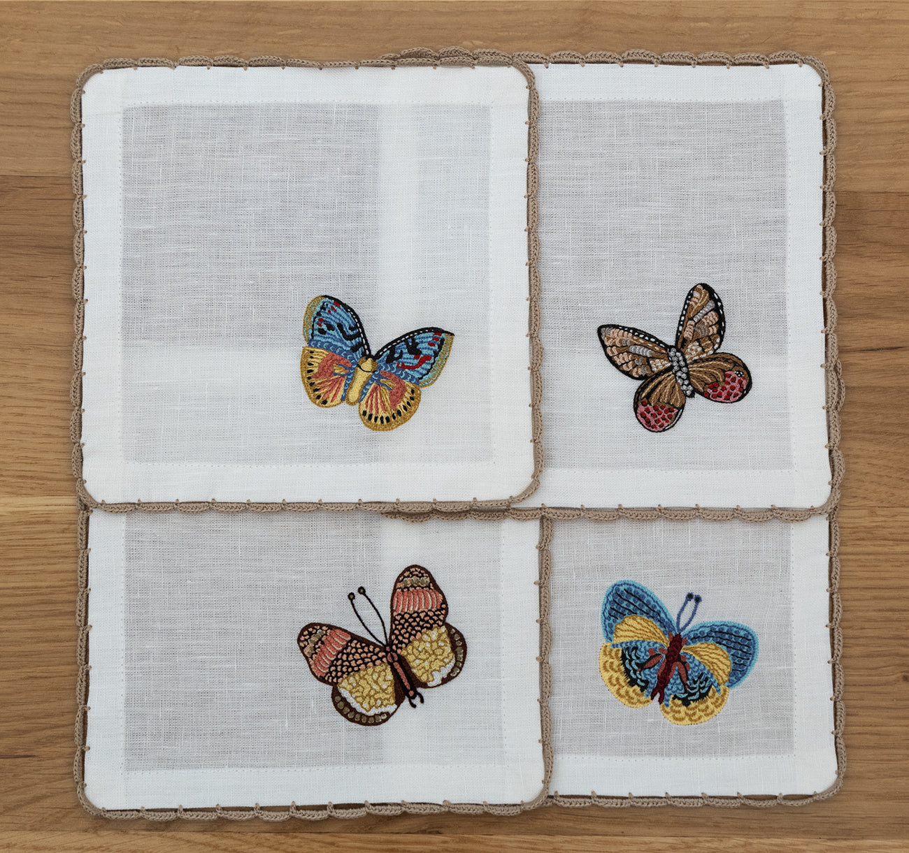 Hand Embroidered Flutter and Lace Cocktail Napkins 6" x 6" (Set of 4)