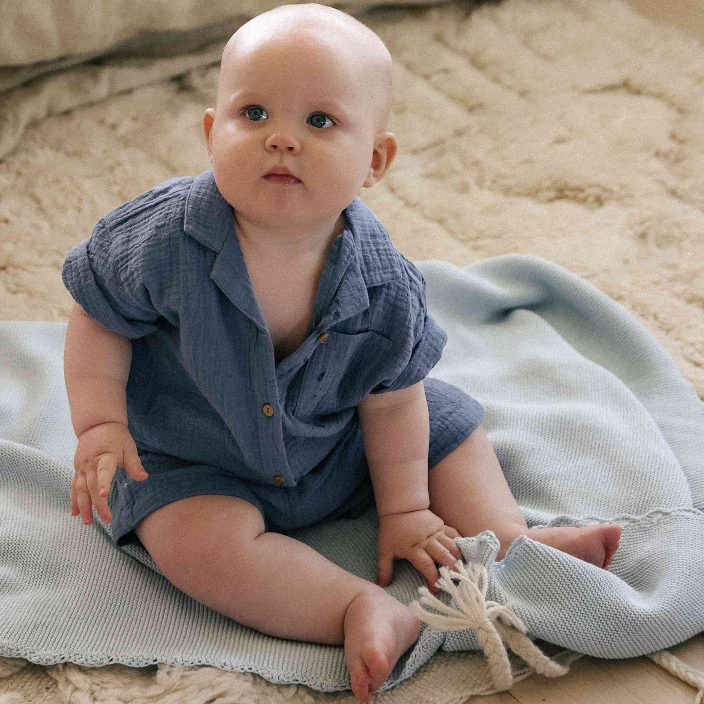 Cotton Knit Baby Blanket - Blue