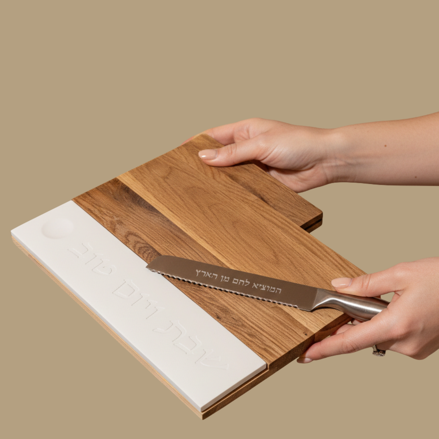 Luxurious wooden Shabbat challah tray with natural concrete and challah knife – Board & Blade Series