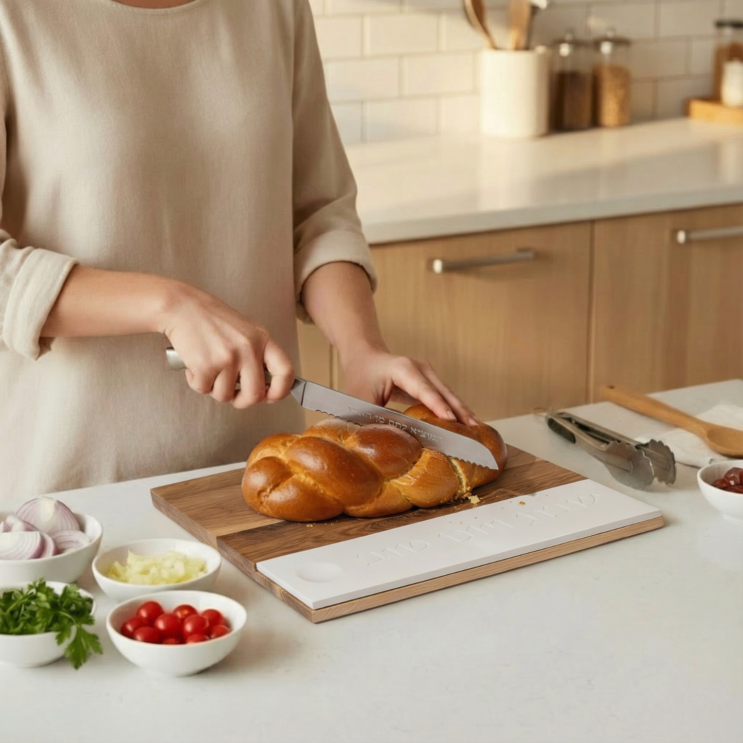 Luxurious wooden Shabbat challah tray with natural concrete and challah knife – Board & Blade Series