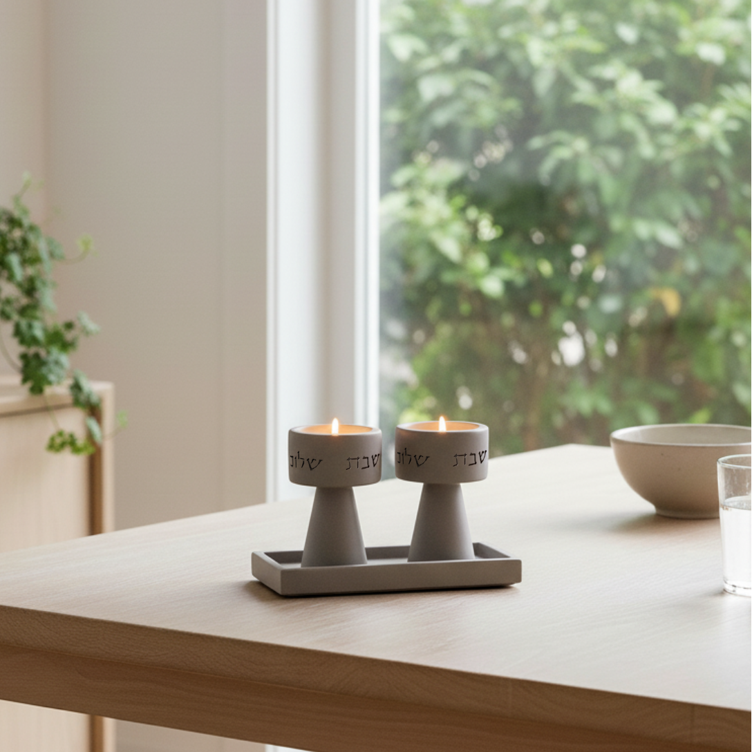 Classic set of Shabbat Candle Holders and a designed concrete tray - Timeless Glow Series