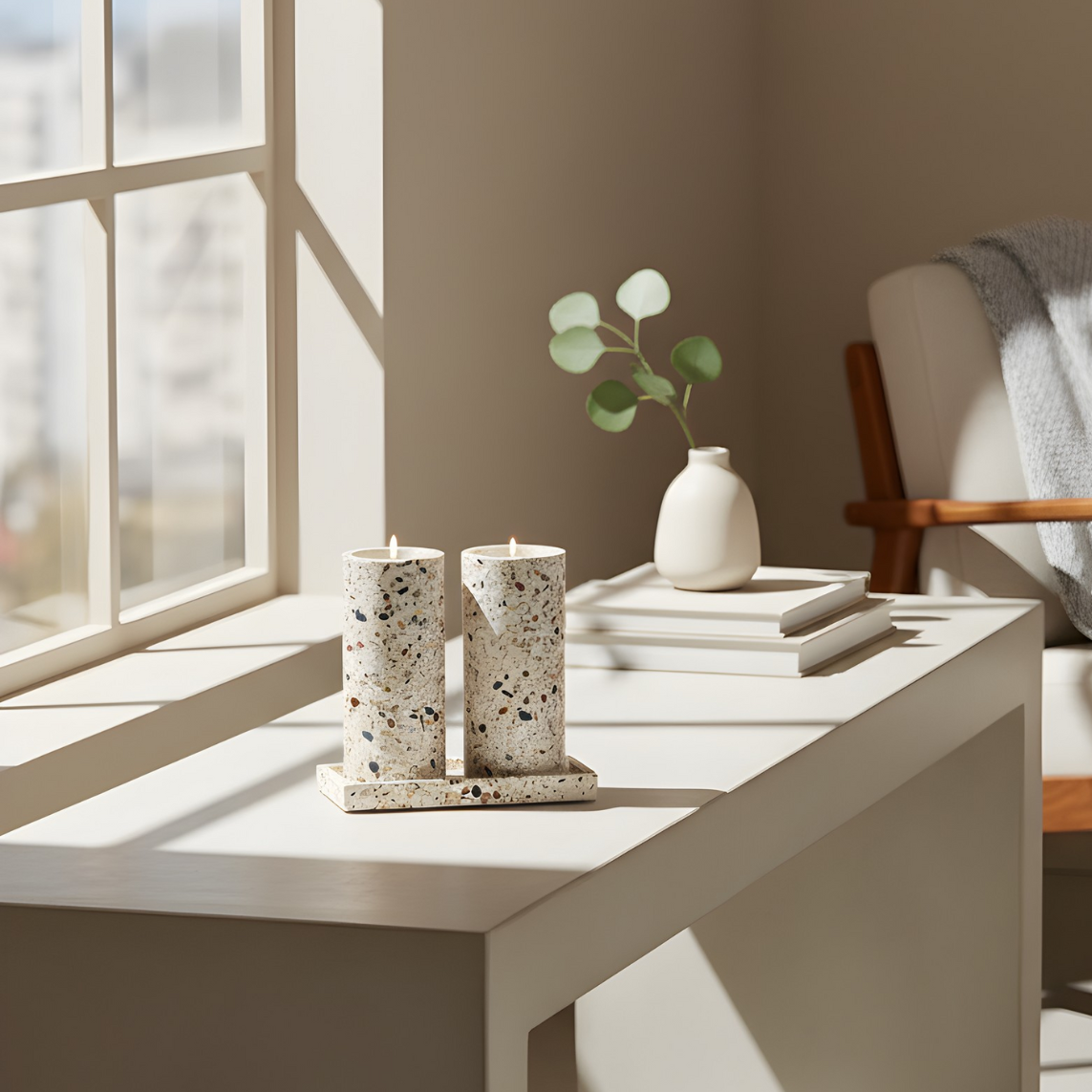 Set of Terrazzo Candle Holders for Shabbat with matching tray - Stone Glow Series