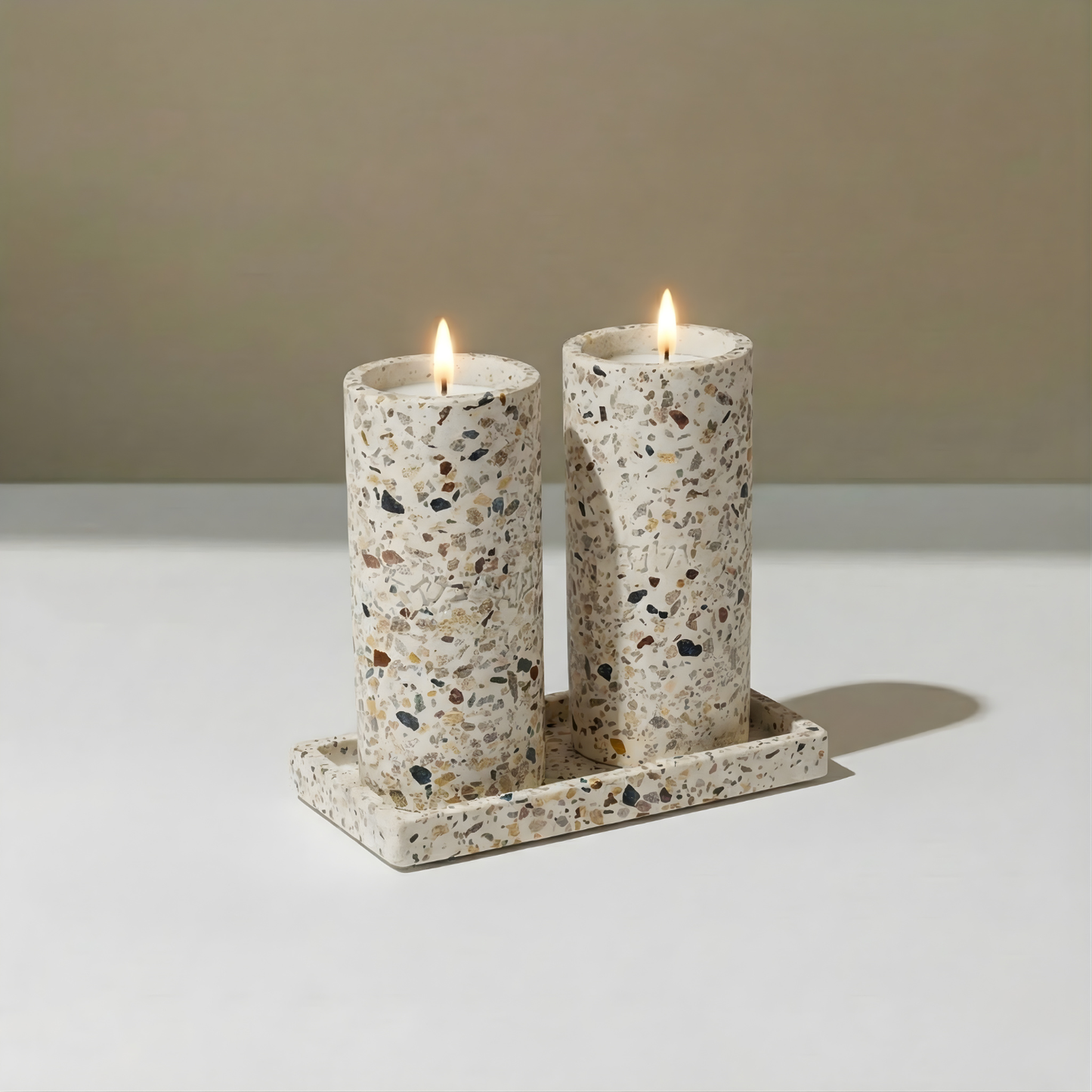 Set of terrazzo candleholder for Shabbat with matching tray - Stone Glow Series