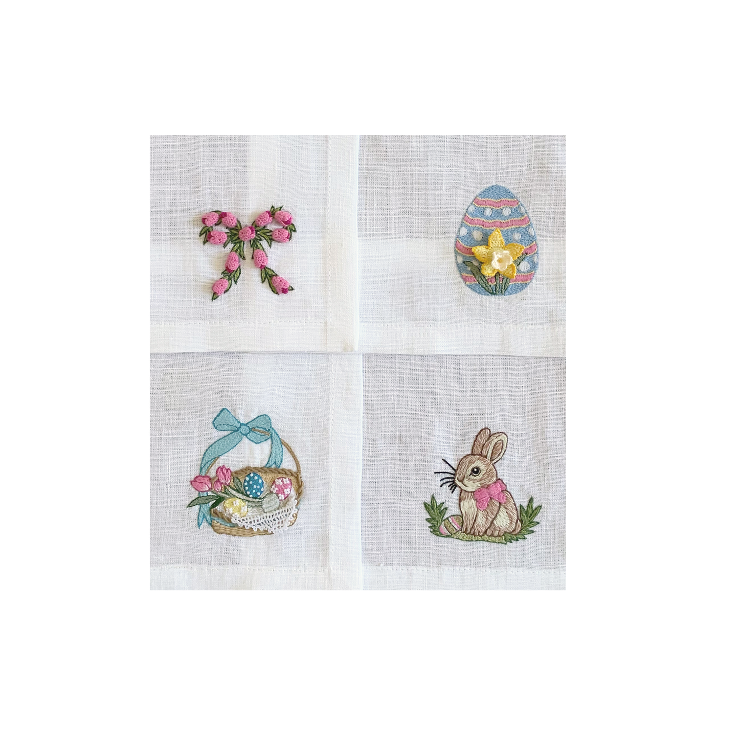 Hand Embroidered Easter Bunny Cocktail Napkins 6" x 6" (Set of 4)