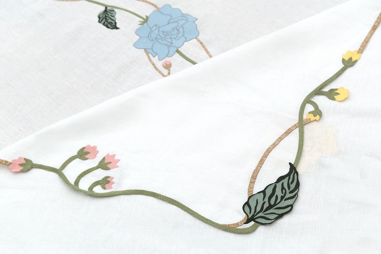Hand Embroidered Climbing Rose Tablecloth 120" x 80"