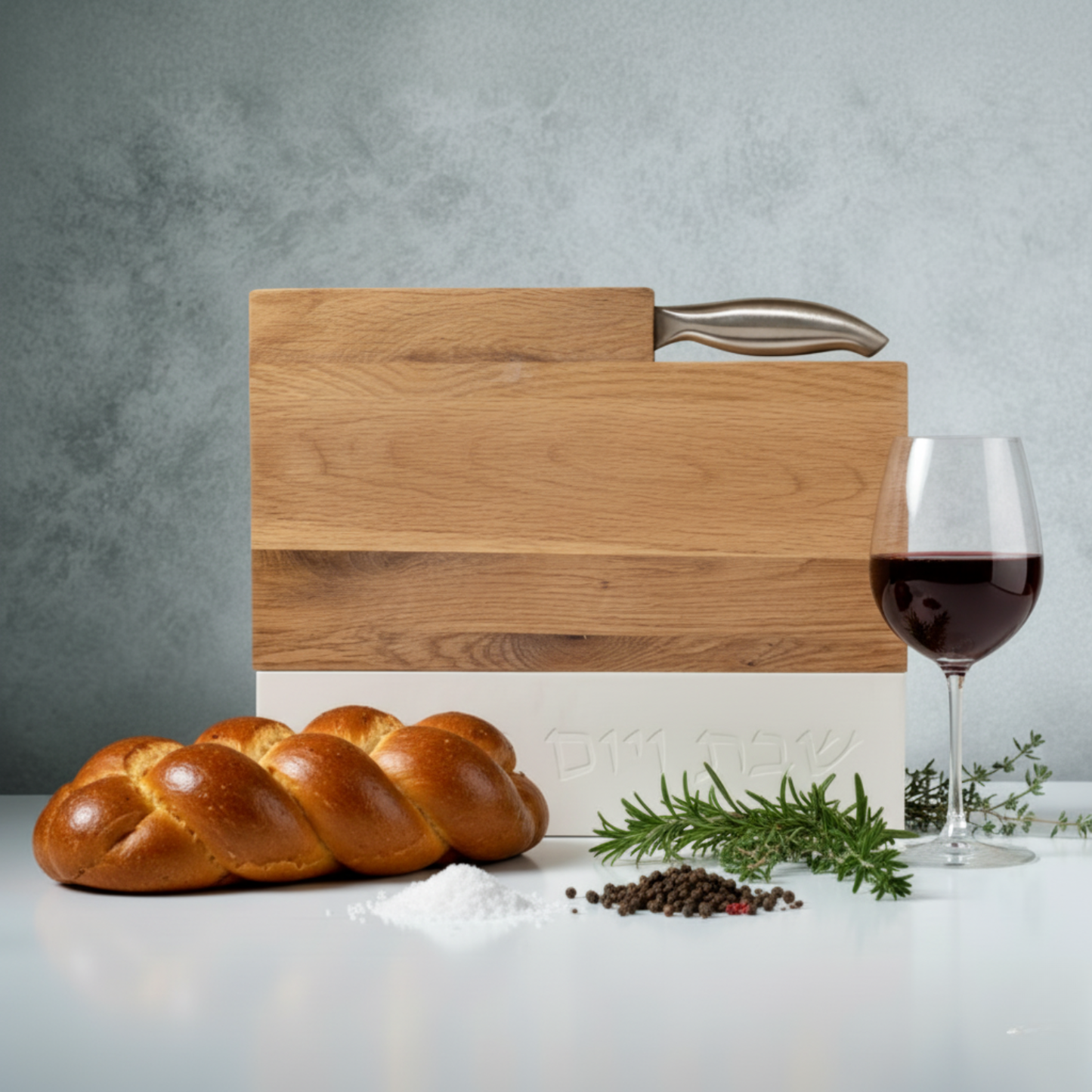Luxurious wooden Shabbat challah tray with natural concrete and challah knife – Board & Blade Series