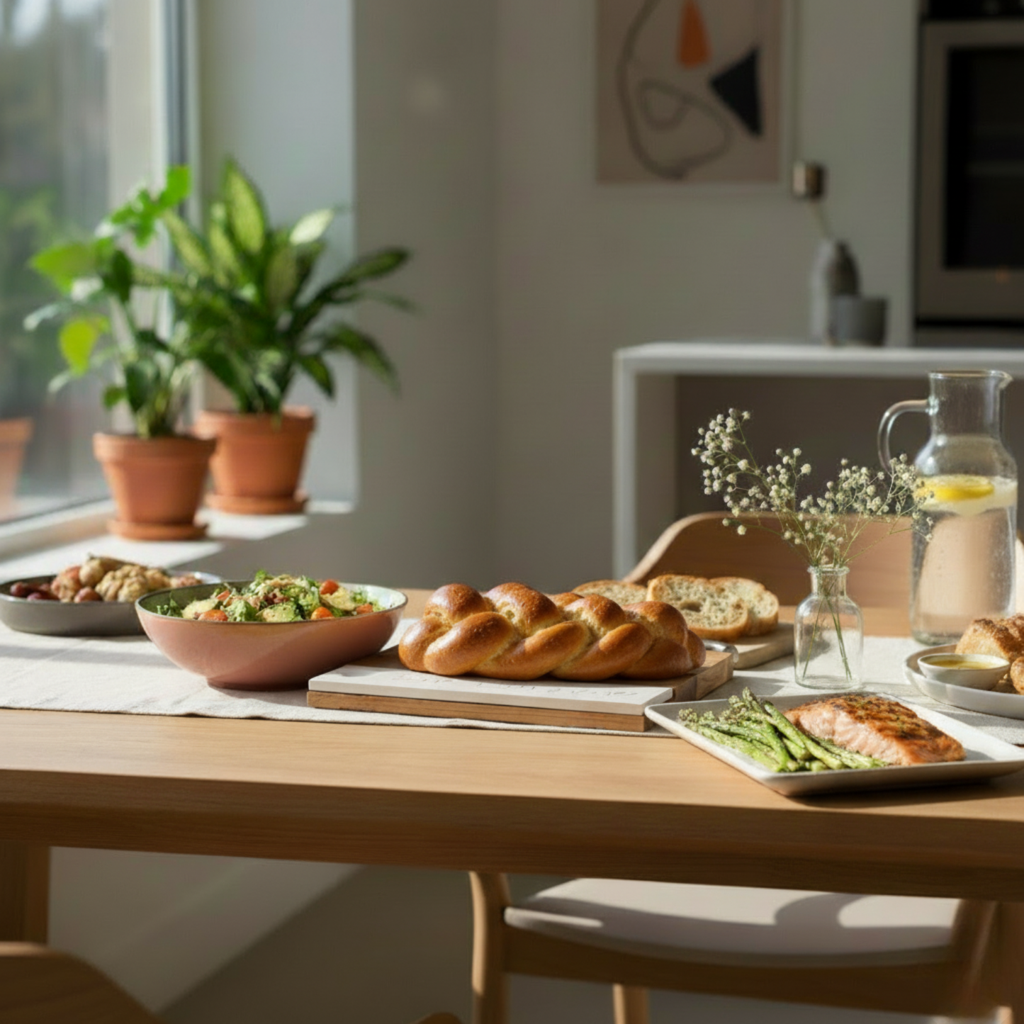Luxurious wooden Shabbat challah tray with natural concrete and challah knife – Board & Blade Series