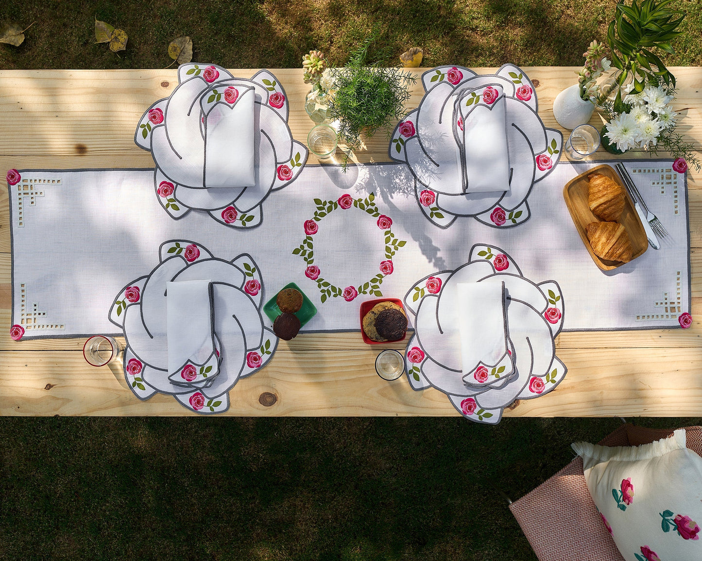 Hand Embroidered Heirloom Petals Table Runner 16.5" × 67"