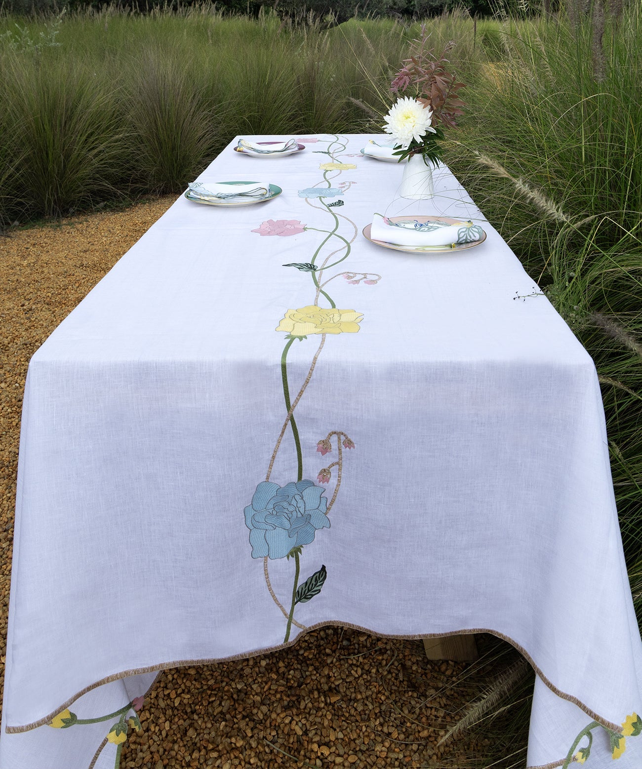 Hand Embroidered Climbing Rose Tablecloth 120" x 80"