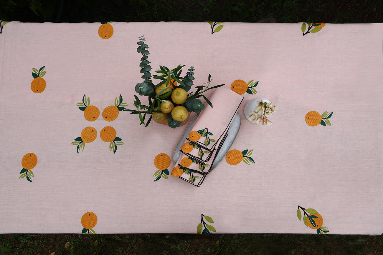 Hand Embroidered Farm to Table Tablecloth 120" x 80"