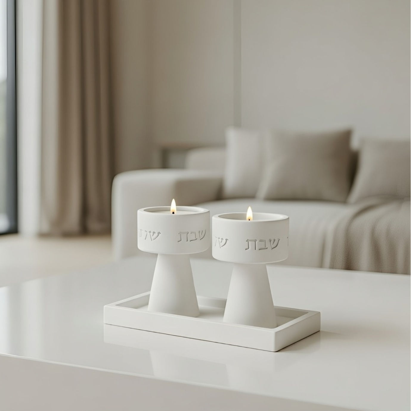 Traditional Shabbat Candle Holders with Contemporary Concrete Tray - Timeless Glow Series