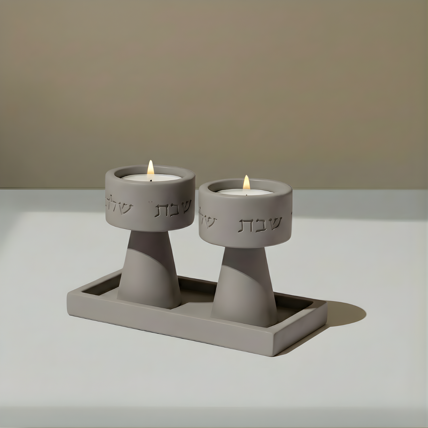 Traditional Shabbat Candle Holders with Contemporary Concrete Tray - Timeless Glow Series