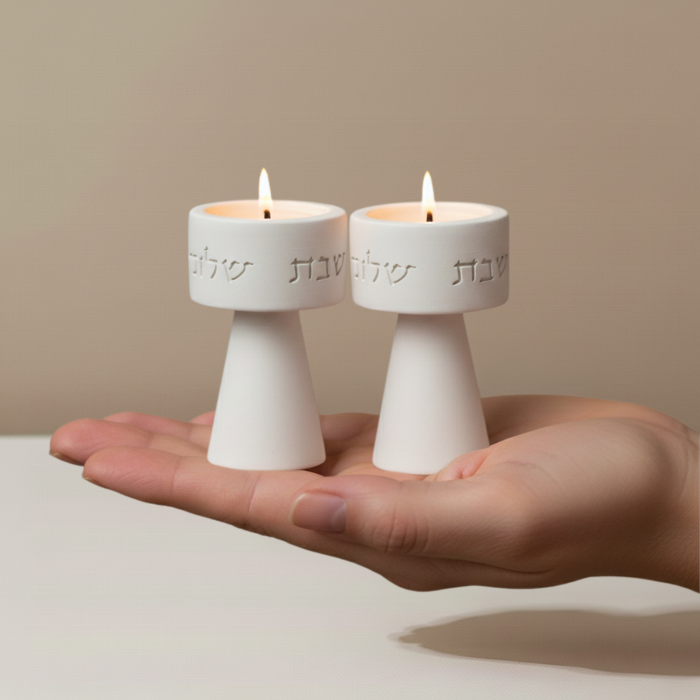 Traditional Shabbat Candle Holders with Contemporary Concrete Tray - Timeless Glow Series
