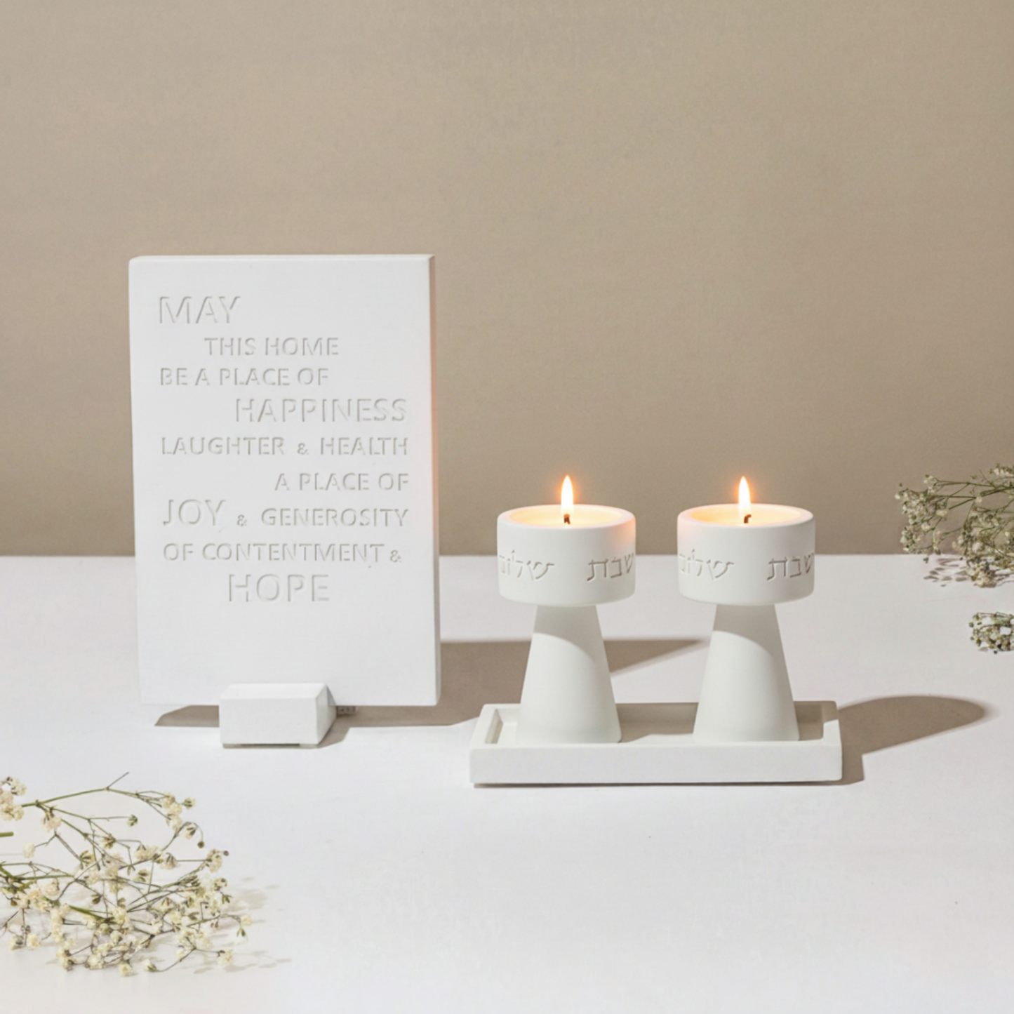 Classic set of Shabbat Candle Holders and a designed concrete tray - Timeless Glow Series