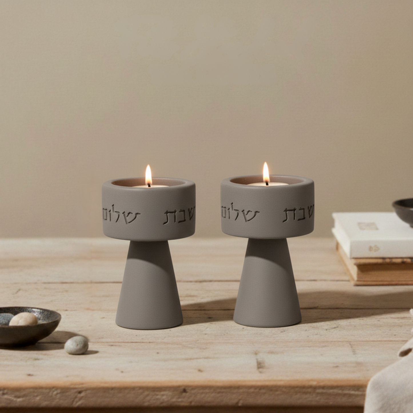 Classic set of Shabbat Candle Holders and a designed concrete tray - Timeless Glow Series