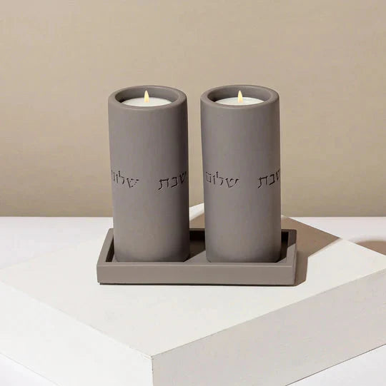 Set of Terrazzo Candle Holders for Shabbat with matching tray - Stone Glow Series