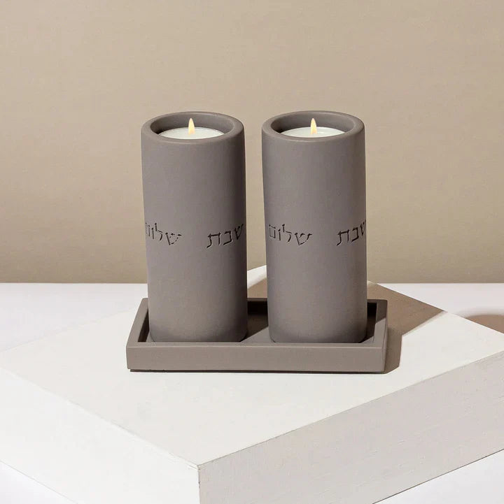 Set of candlesticks for Shabbat with a designed concrete tray - Stone Glow Series