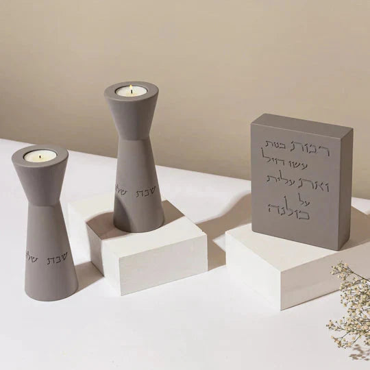 Set of tall natural concrete candle holders with a blessing for women of valor - Lady of Spirit Series