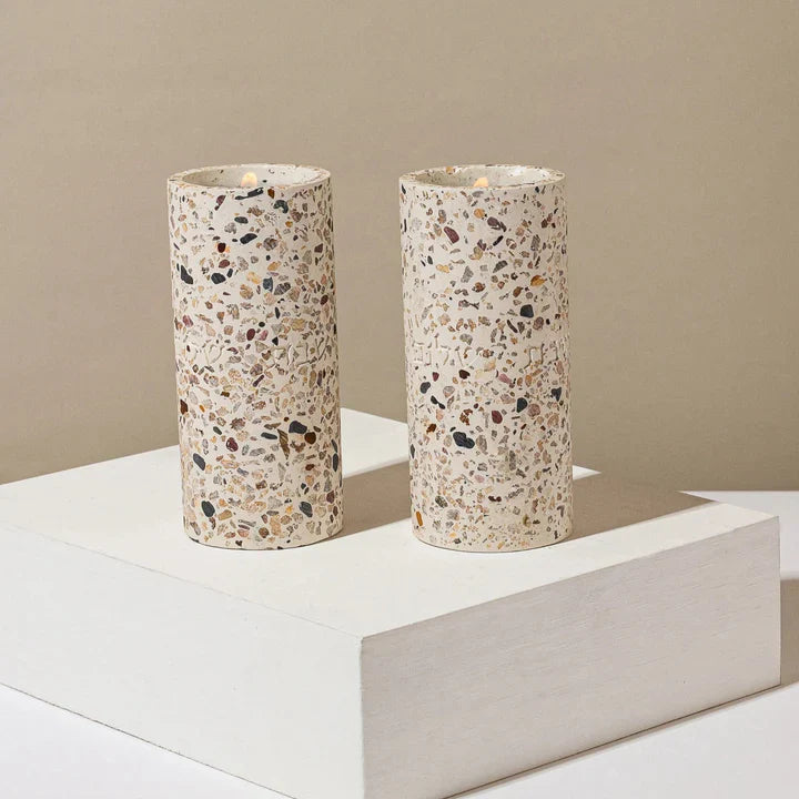 Designed Shabbat CandleHolder made of rich terrazzo in luxurious colors, featuring a "Shabbat Shalom" engraving – Terrazzo Model