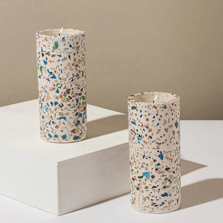 Designed Shabbat CandleHolder made of rich terrazzo in luxurious colors, featuring a "Shabbat Shalom" engraving – Terrazzo Model