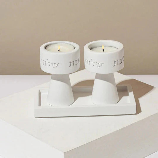 Traditional Shabbat Candle Holders with Contemporary Concrete Tray - Timeless Glow Series
