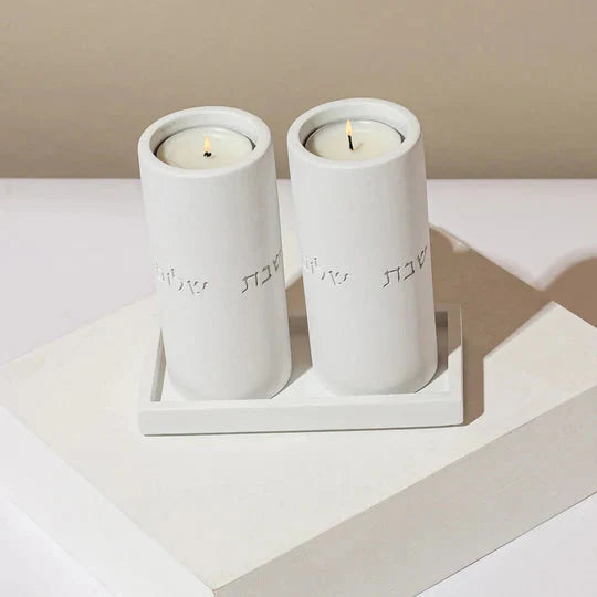 Set of Candle Holders for Shabbat with a designed concrete tray - Stone Glow Series