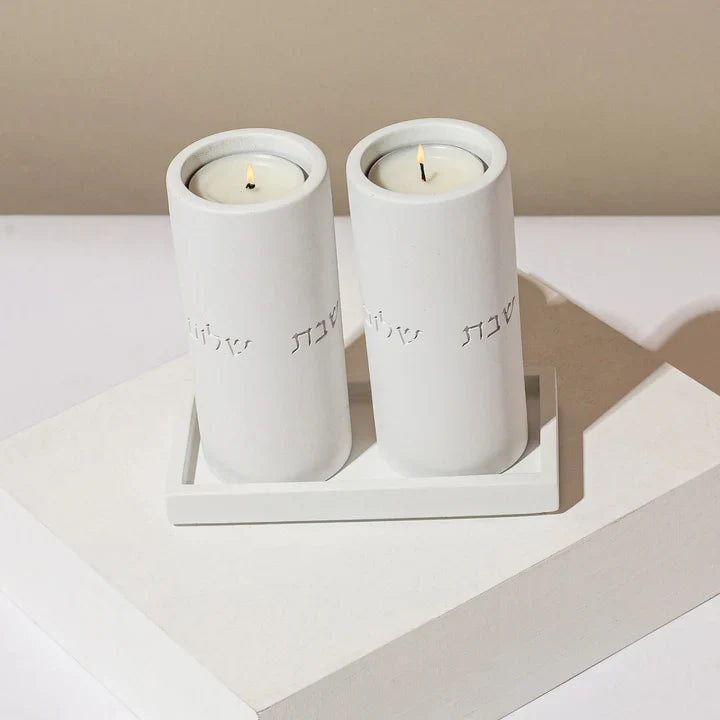 Set of candlesticks for Shabbat with a designed concrete tray - Stone Glow Series