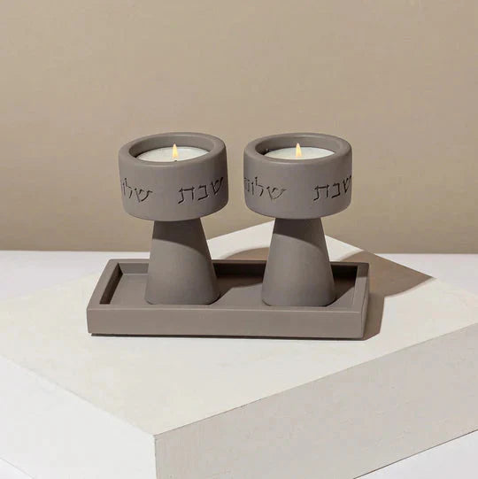 Classic set of Shabbat Candle Holders and a designed concrete tray - Timeless Glow Series