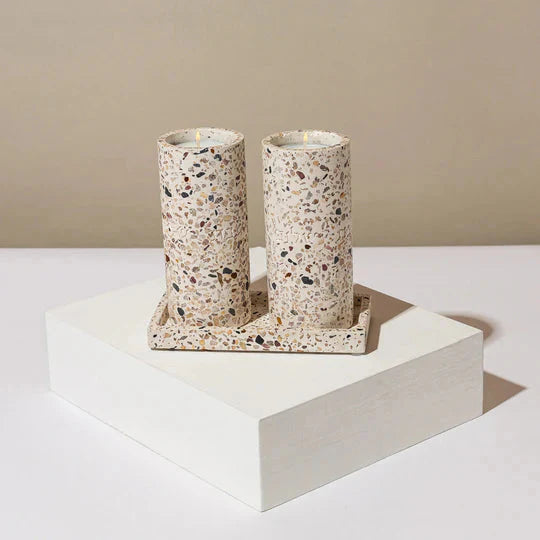 Set of Terrazzo Candle Holders for Shabbat with matching tray - Stone Glow Series
