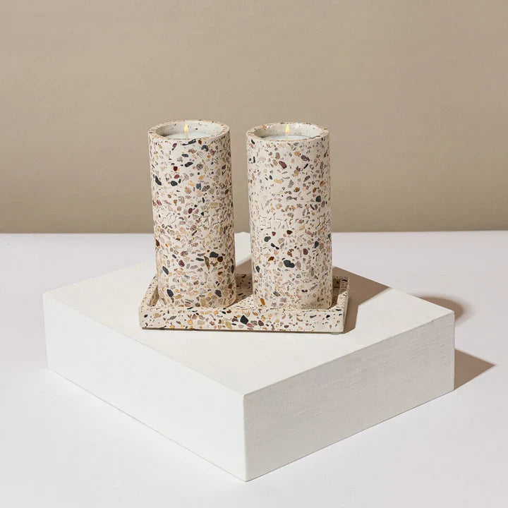 Set of candlesticks for Shabbat with a designed concrete tray - Stone Glow Series