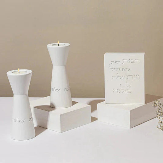 Set of tall natural concrete candle holders with a blessing for women of valor - Lady of Spirit Series