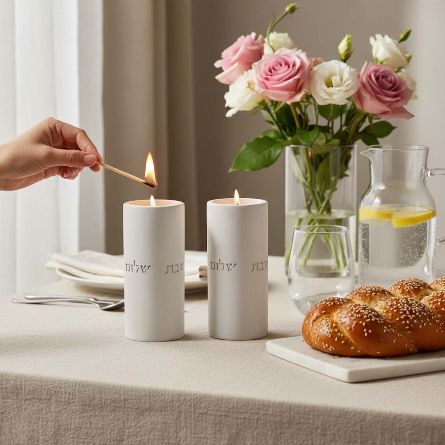 Artisanal Shabbat Candle Holder Set from Concrete - Flow Series