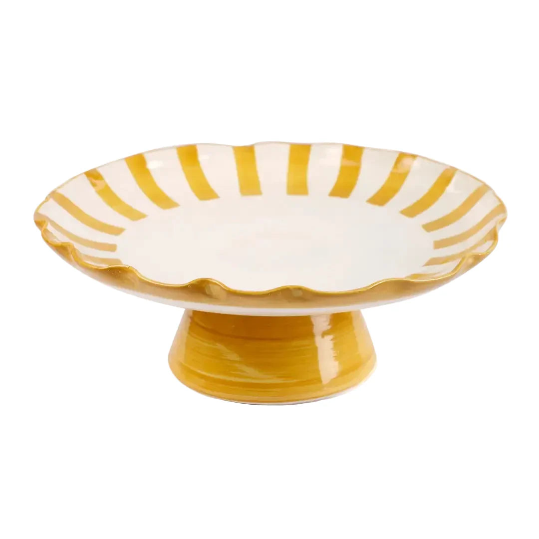 Ceramic Stripe Cake Stand, Yellow  - 10 x 10 x 3.75 Inches