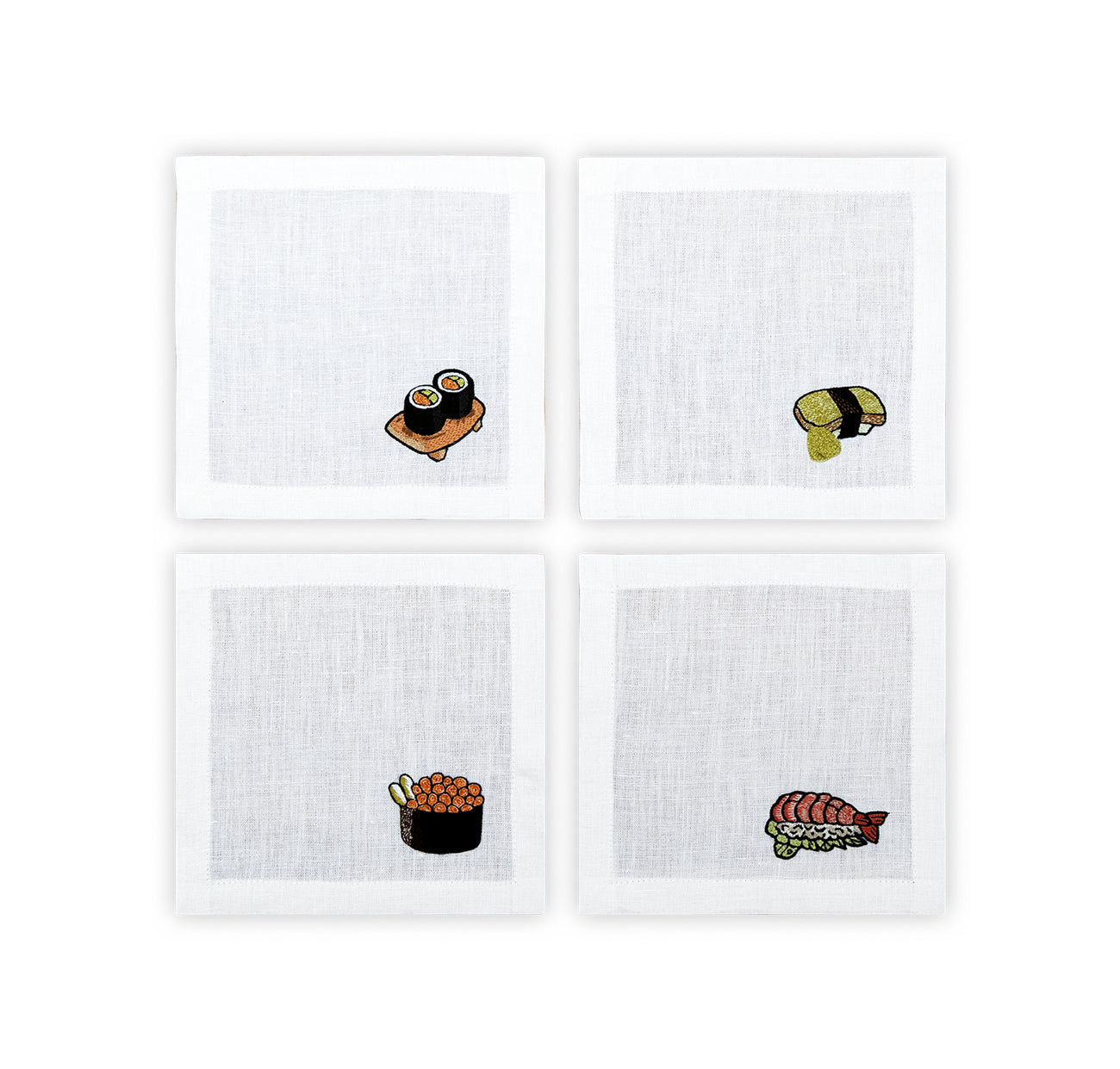 Hand Embroidered Sushi Cocktail Napkins 6" x 6" (Set of 4)
