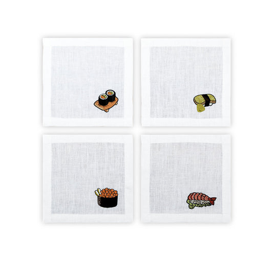 Hand Embroidered Sushi Cocktail Napkins 6" x 6" (Set of 4)