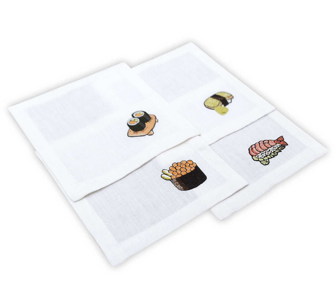 Hand Embroidered Sushi Cocktail Napkins 6" x 6" (Set of 4)