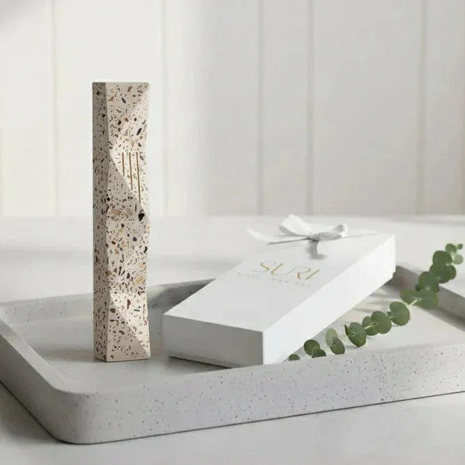 Terrazzo Mezuzah with Gold Engraving in Earthy Natural Tones – Wave Series
