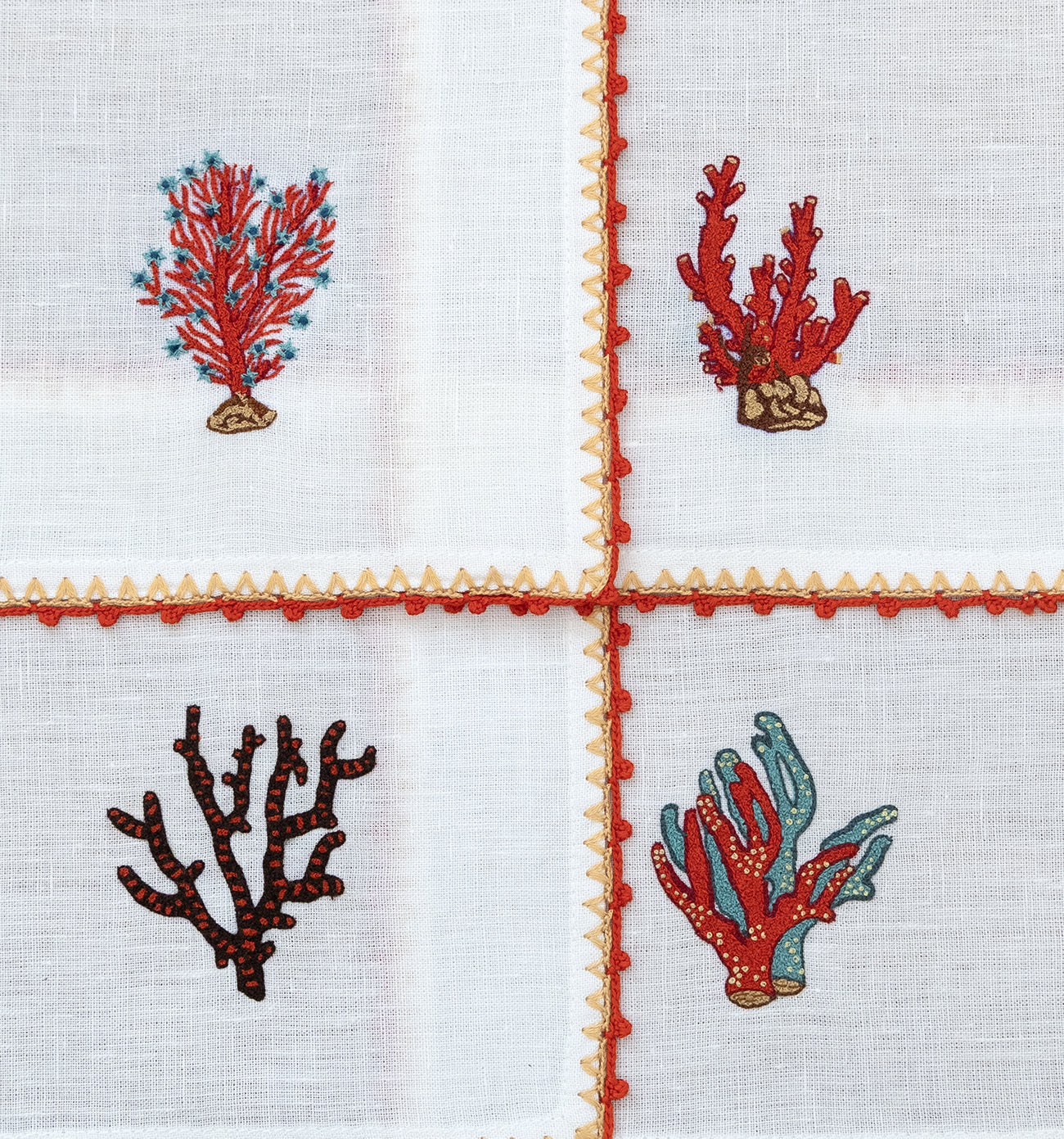 Hand Embroidered Coral Crest Cocktail Napkins 6" x 6" (Set of 4)