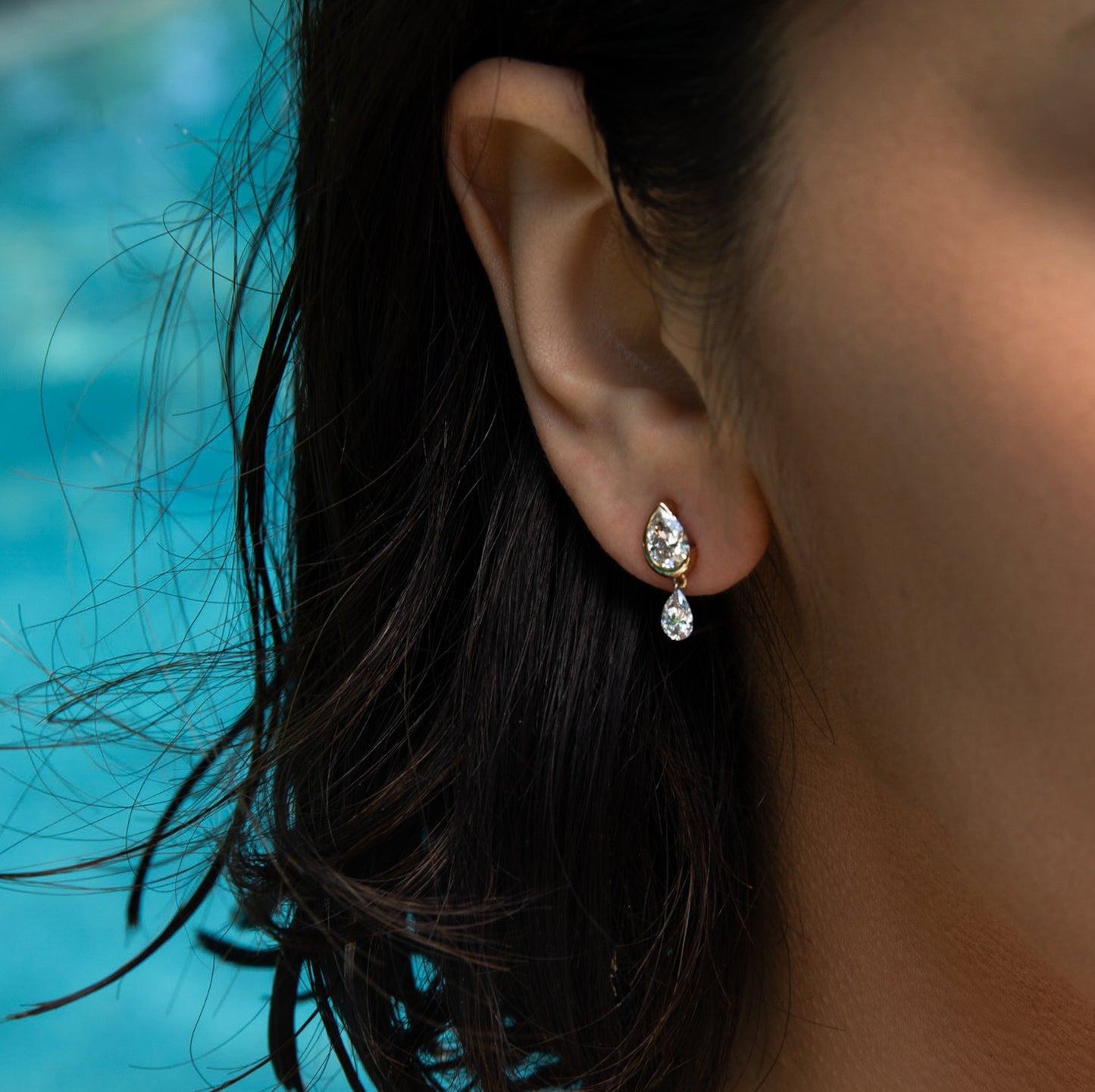 Droplet Stud with Dangling Pierced Diamond Pear