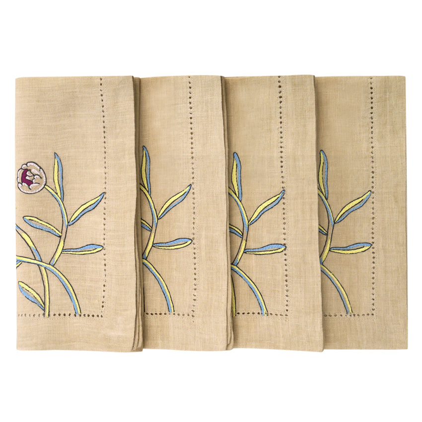 Hand Embroidered Floral Fresco Napkins 18" x 18" (Set of 4)
