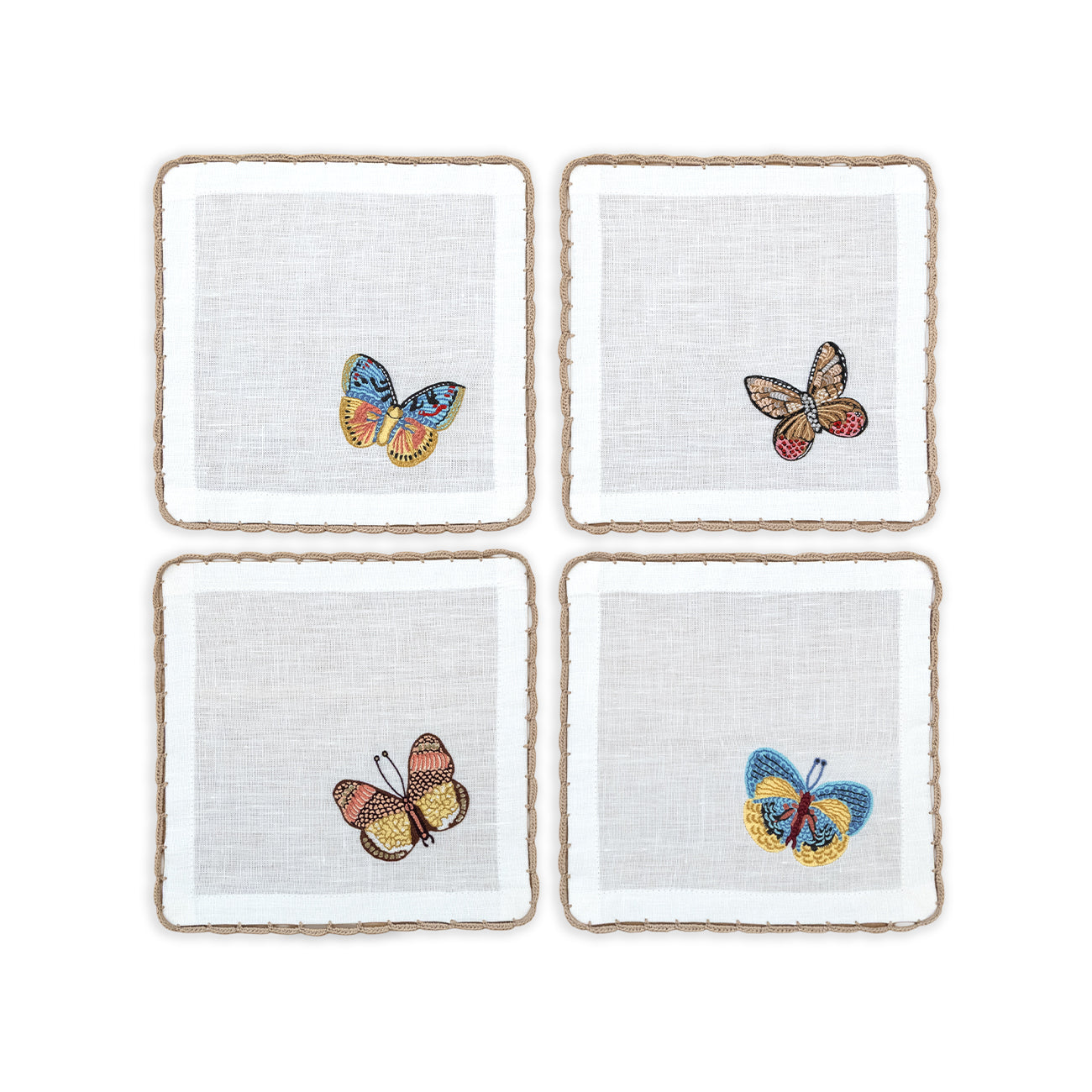 Hand Embroidered Flutter and Lace Cocktail Napkins 6" x 6" (Set of 4)