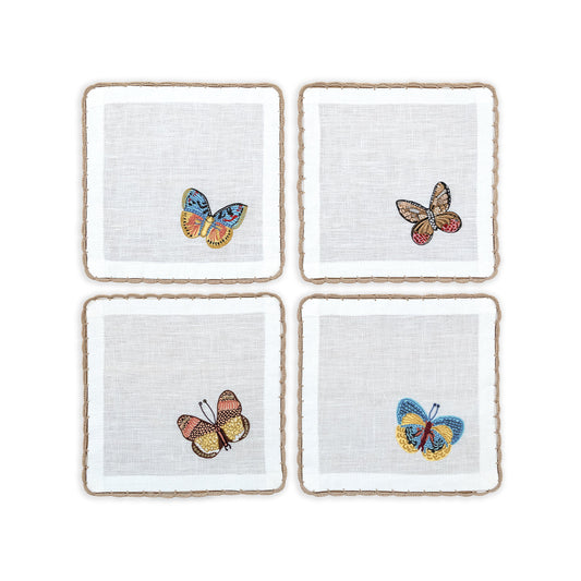 Hand Embroidered Flutter and Lace Cocktail Napkins 6" x 6" (Set of 4)