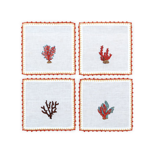 Hand Embroidered Coral Crest Cocktail Napkins 6" x 6" (Set of 4)