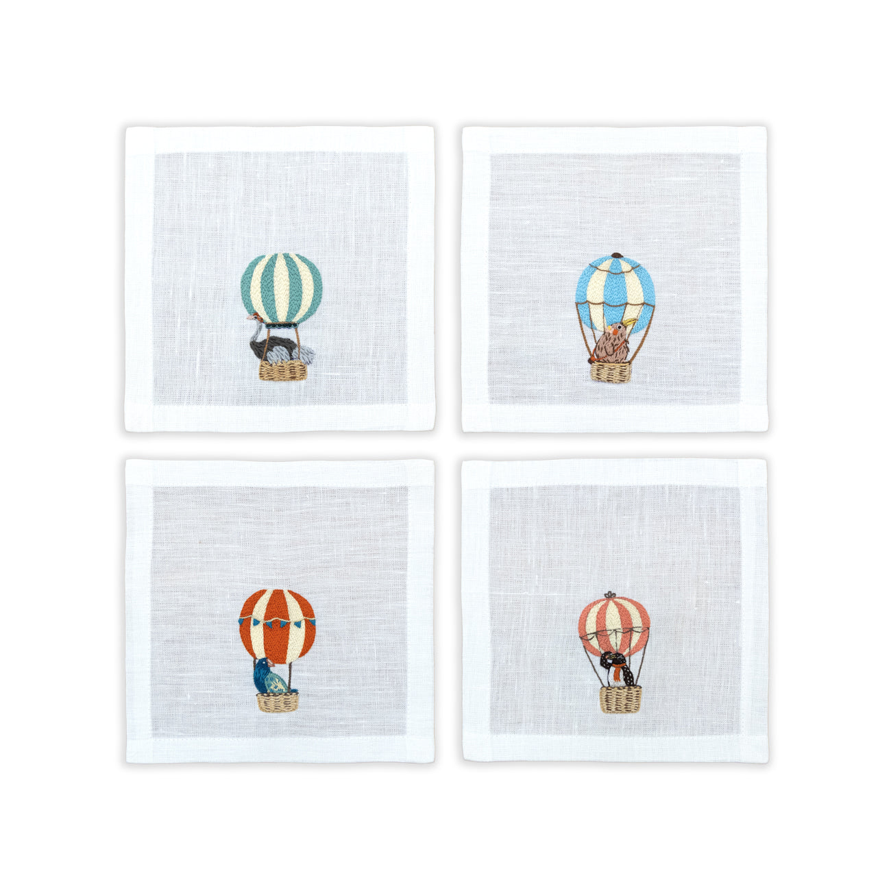 Hand Embroidered Balloon Safari Cocktail Napkins 6" x 6" (Set of 4)