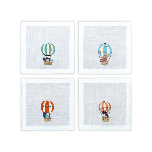 Hand Embroidered Balloon Safari Cocktail Napkins 6" x 6" (Set of 4)